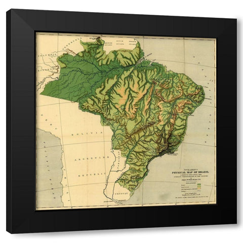 Physical Map of Brazil-the Amazon and Its tributaries 1886 Black Modern Wood Framed Art Print with Double Matting by Vintage Maps