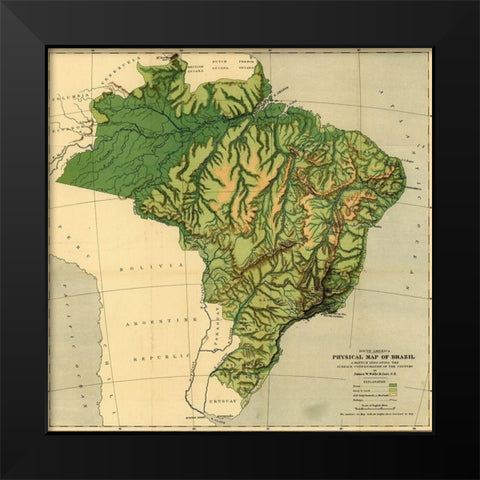 Physical Map of Brazil-the Amazon and Its tributaries 1886 Black Modern Wood Framed Art Print by Vintage Maps
