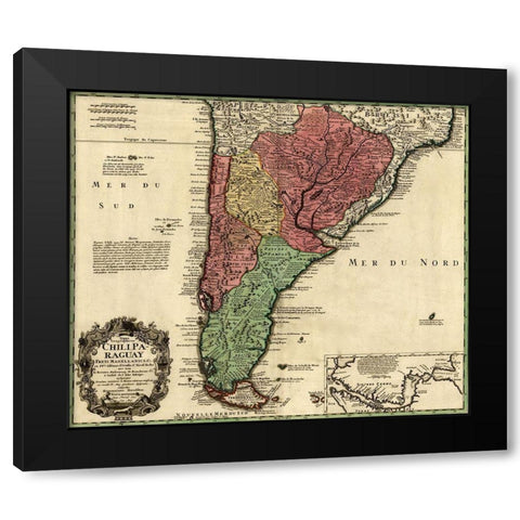 Southern Countries of South America 1733 Black Modern Wood Framed Art Print with Double Matting by Vintage Maps