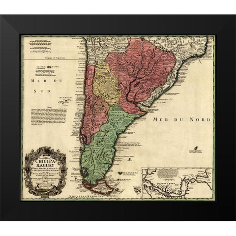 Southern Countries of South America 1733 Black Modern Wood Framed Art Print by Vintage Maps