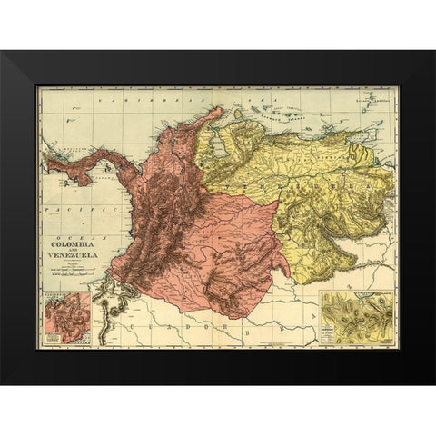 Colombia and Venezuela 1898 Black Modern Wood Framed Art Print by Vintage Maps