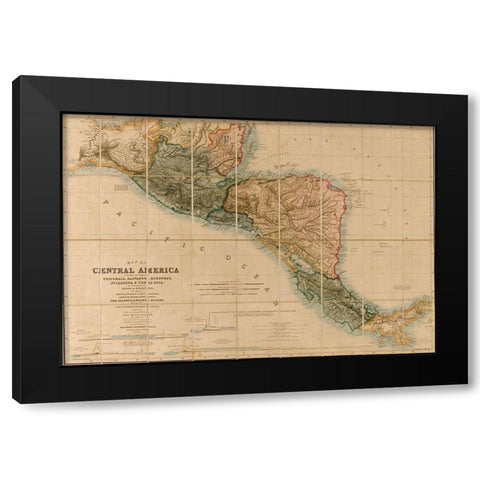 Topographic Map of Central America 1850 Black Modern Wood Framed Art Print by Vintage Maps