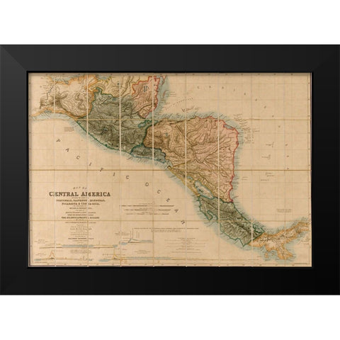 Topographic Map of Central America 1850 Black Modern Wood Framed Art Print by Vintage Maps