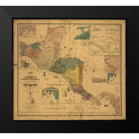 States of Central America 1862 Black Modern Wood Framed Art Print by Vintage Maps