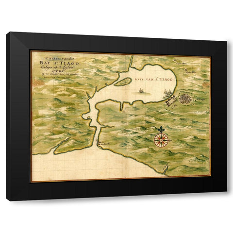 Cuba Santiago Bay Black Modern Wood Framed Art Print by Vintage Maps