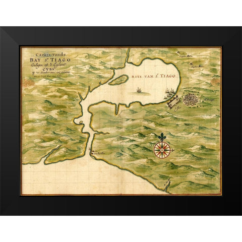 Cuba Santiago Bay Black Modern Wood Framed Art Print by Vintage Maps