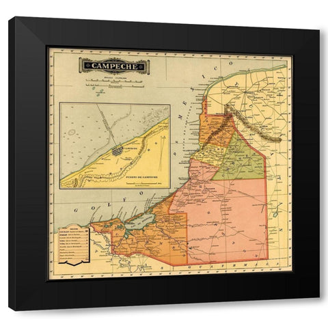 Campeche 1844 Black Modern Wood Framed Art Print with Double Matting by Vintage Maps