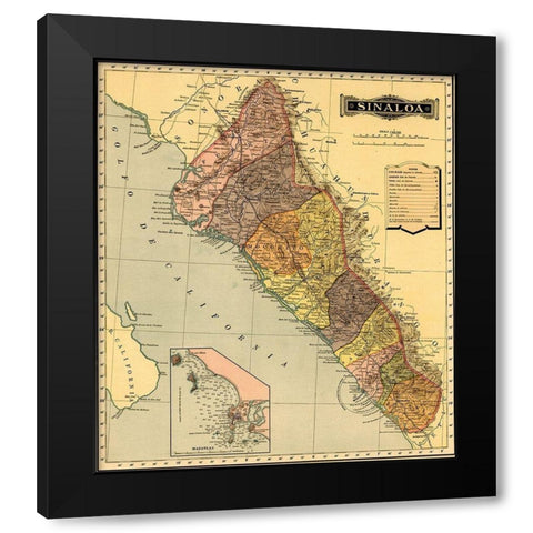 Sinaloa 1844 Black Modern Wood Framed Art Print with Double Matting by Vintage Maps