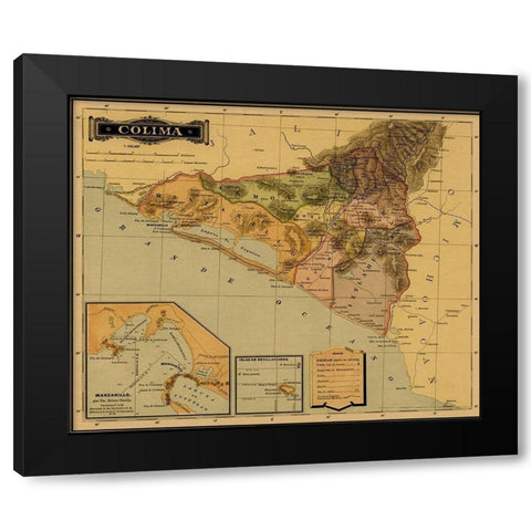 Colima 1844 Black Modern Wood Framed Art Print with Double Matting by Vintage Maps