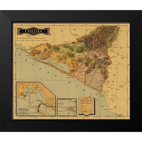 Colima 1844 Black Modern Wood Framed Art Print by Vintage Maps
