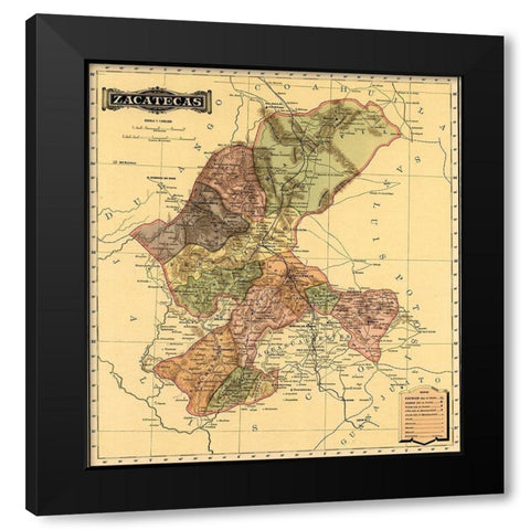 Zacatecas 1844 Black Modern Wood Framed Art Print with Double Matting by Vintage Maps