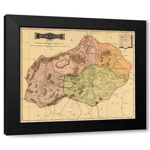 Aguascalientes 1844 Black Modern Wood Framed Art Print with Double Matting by Vintage Maps