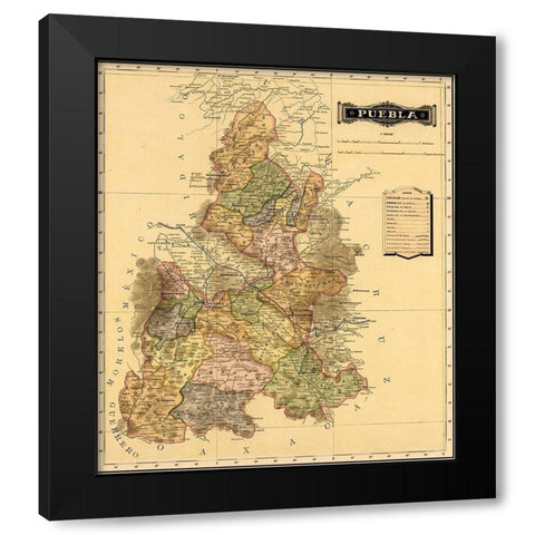 Puebla 1844 Black Modern Wood Framed Art Print with Double Matting by Vintage Maps