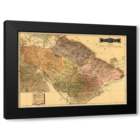 Tlaxcala 1844 Black Modern Wood Framed Art Print with Double Matting by Vintage Maps