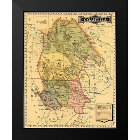 Coahila 1844 Black Modern Wood Framed Art Print by Vintage Maps