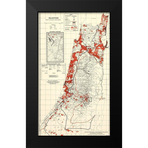 Palestine 1949 Villages and Settlements Black Modern Wood Framed Art Print by Vintage Maps
