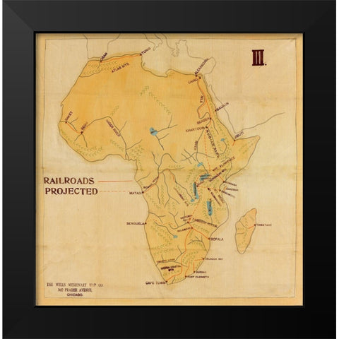 Railroad Map of Africa 1908 Projected Routes Black Modern Wood Framed Art Print by Vintage Maps