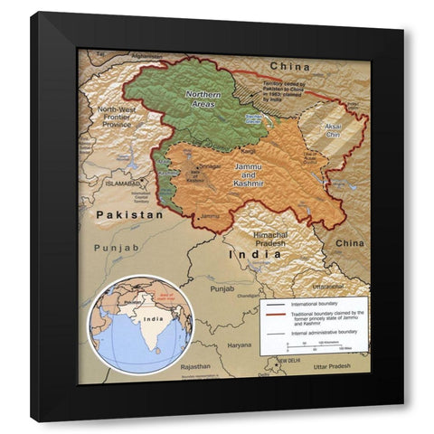 Disputed Area of Kashmir 2002 Black Modern Wood Framed Art Print with Double Matting by Vintage Maps