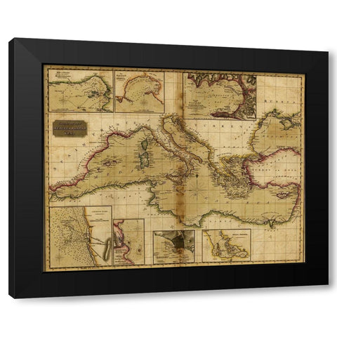Mediterranean Sea Black Modern Wood Framed Art Print by Vintage Maps