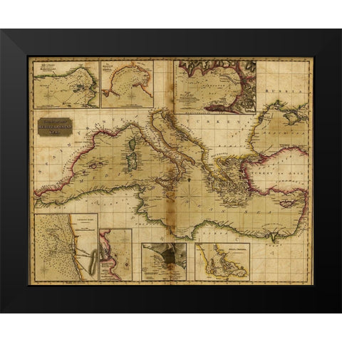 Mediterranean Sea Black Modern Wood Framed Art Print by Vintage Maps