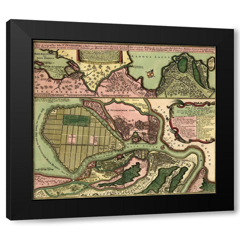 St Petersburg Russia 1703 Black Modern Wood Framed Art Print with Double Matting by Vintage Maps
