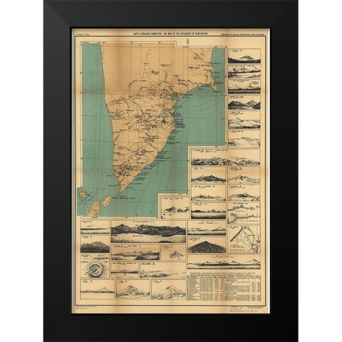 Map of the Volcanoes in Kamchatka II Black Modern Wood Framed Art Print by Vintage Maps