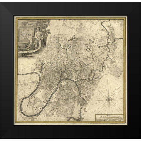 City Plan Moscow Russia 1745 Black Modern Wood Framed Art Print by Vintage Maps
