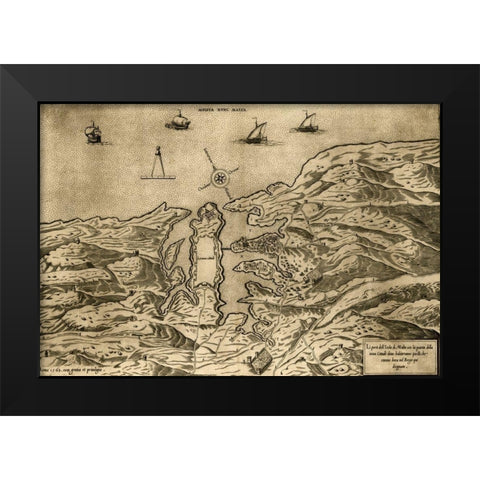 Island of Malta 1563 Black Modern Wood Framed Art Print by Vintage Maps