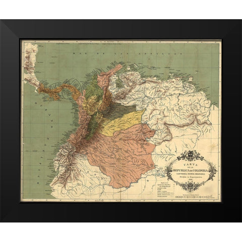 Map of the Republic of Colombia 1886 Black Modern Wood Framed Art Print by Vintage Maps