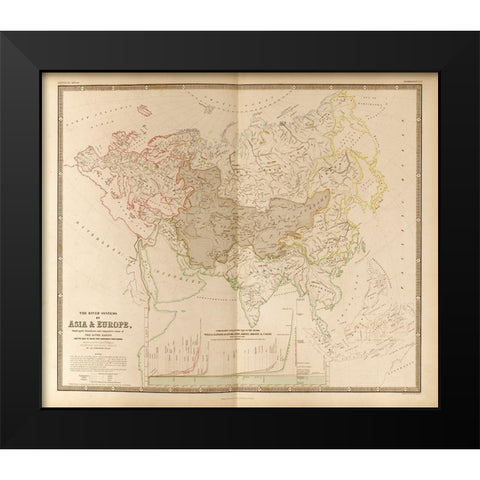 River Systems of Asia and Europe Black Modern Wood Framed Art Print by Vintage Maps