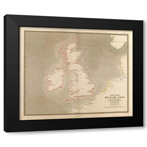 British Isles Waves High Water and Tides Black Modern Wood Framed Art Print with Double Matting by Vintage Maps