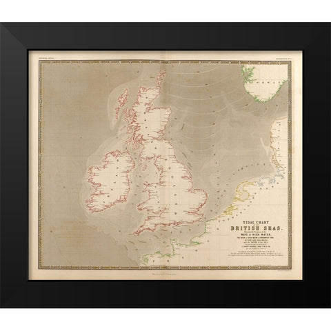 British Isles Waves High Water and Tides Black Modern Wood Framed Art Print by Vintage Maps