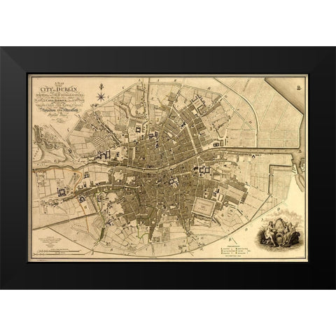 Ireland Dublin 1791 Black Modern Wood Framed Art Print by Vintage Maps