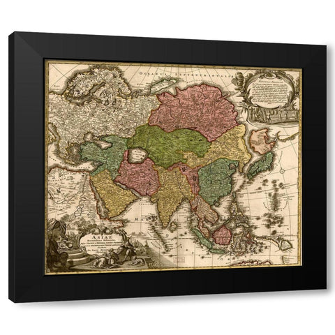 Asia 1725 Black Modern Wood Framed Art Print with Double Matting by Vintage Maps