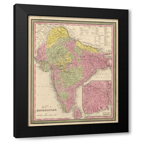 Hindustan 1849 Black Modern Wood Framed Art Print with Double Matting by Vintage Maps