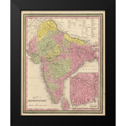 Hindustan 1849 Black Modern Wood Framed Art Print by Vintage Maps