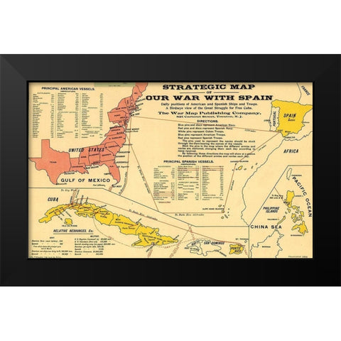 Strategic Map of Our War with Spain 1898 Black Modern Wood Framed Art Print by Vintage Maps