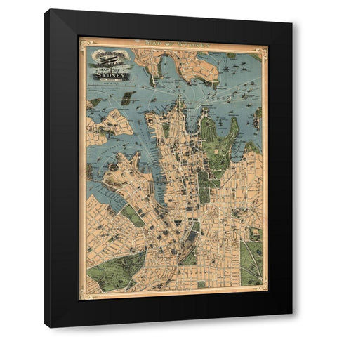 Aeroplane map of Sydney Australia 1922 Black Modern Wood Framed Art Print with Double Matting by Vintage Maps
