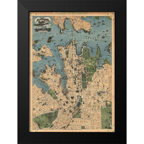 Aeroplane map of Sydney Australia 1922 Black Modern Wood Framed Art Print by Vintage Maps