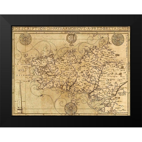 Bretaigne 1594 Brittany Coast Black Modern Wood Framed Art Print by Vintage Maps