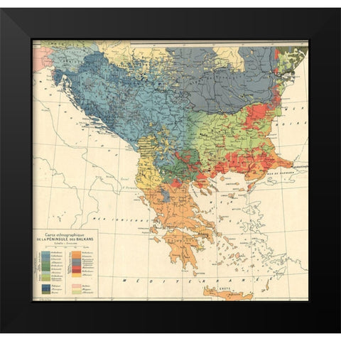 Ethnographic Map of the Balkan Peninsula 1918 Black Modern Wood Framed Art Print by Vintage Maps