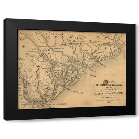 St Helena Sound and the coast between Charleston and Savannah 1861 Black Modern Wood Framed Art Print by Vintage Maps