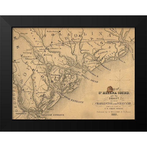 St Helena Sound and the coast between Charleston and Savannah 1861 Black Modern Wood Framed Art Print by Vintage Maps