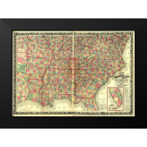 Southern States Black Modern Wood Framed Art Print by Vintage Maps