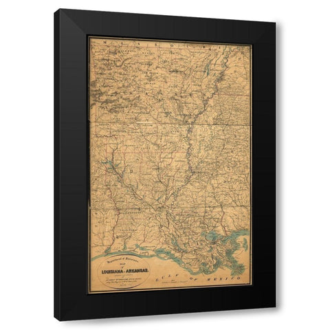 Louisiana and Arkansas Black Modern Wood Framed Art Print with Double Matting by Vintage Maps