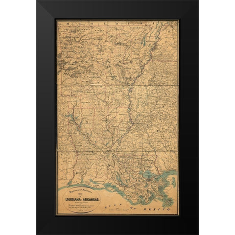 Louisiana and Arkansas Black Modern Wood Framed Art Print by Vintage Maps