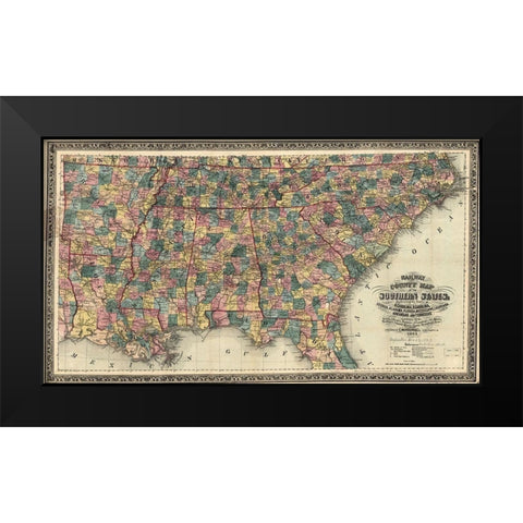 Railway and County Map of the Southern States Black Modern Wood Framed Art Print by Vintage Maps