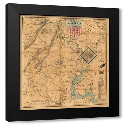 Army Map Theatre of War 1862 Black Modern Wood Framed Art Print by Vintage Maps