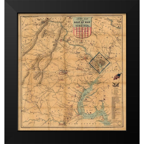 Army Map Theatre of War 1862 Black Modern Wood Framed Art Print by Vintage Maps
