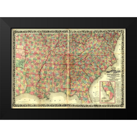 Southern States Black Modern Wood Framed Art Print by Vintage Maps